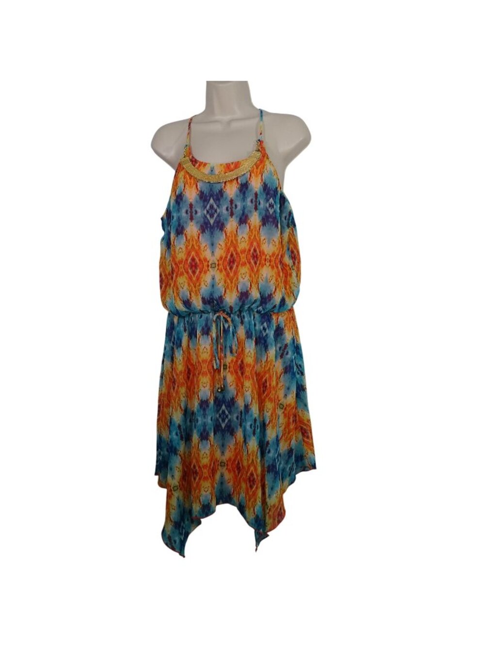 City Triangles Orange Blue Sleeveless Asymmetric Dress Women Size XL Necklace